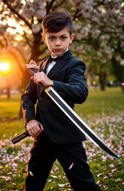 A young boy confidently wearing a stylish black suit, holding a katana with a sharp, gleaming blade