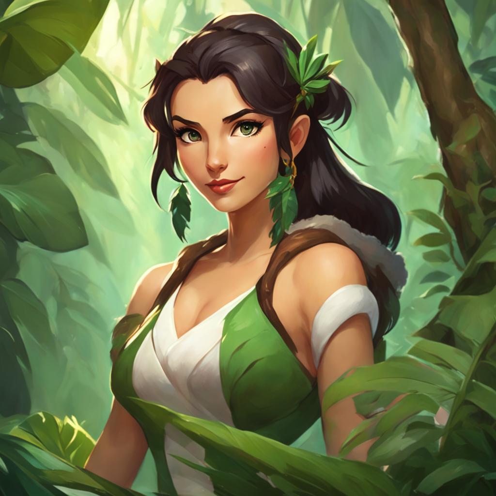 Studio Ghibli style portrait of Nidalee from League of Legends in a lush jungle setting.