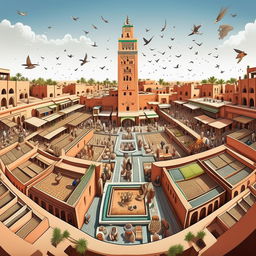 Generate an intricate, cartoon depiction of Marrakesh, Morocco, showcasing its unique elements like the bustling Jemaa el-Fnaa square and the ornate Bahia Palace.