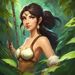 Studio Ghibli style portrait of Nidalee from League of Legends in a lush jungle setting.