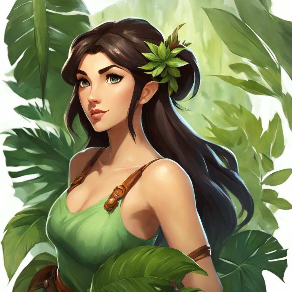 Studio Ghibli style portrait of Nidalee from League of Legends in a lush jungle setting.