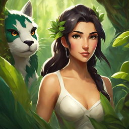 Studio Ghibli style portrait of Nidalee from League of Legends in a lush jungle setting.