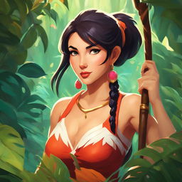 Retro Studio Ghibli style portrait of Nidalee from League of Legends in a vibrant jungle setting.