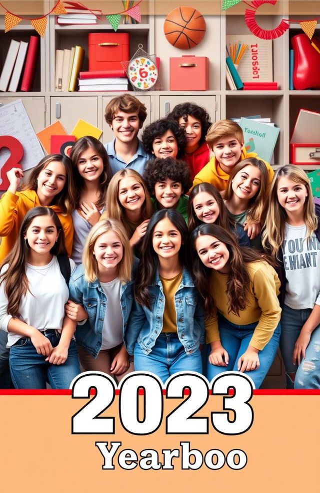 A vibrant and nostalgic yearbook cover design featuring a diverse group of high school students in various candid poses, showcasing their unique personalities and interests