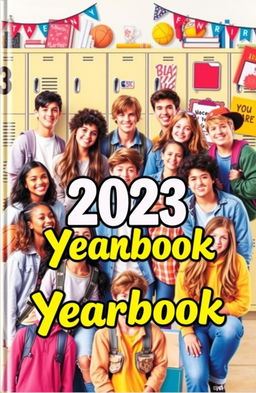 A vibrant and nostalgic yearbook cover design featuring a diverse group of high school students in various candid poses, showcasing their unique personalities and interests