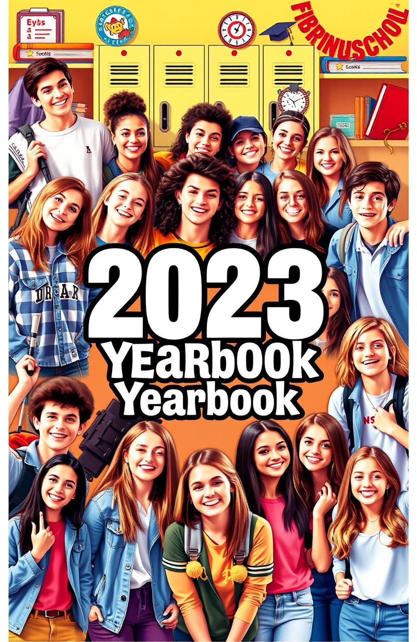 A vibrant and nostalgic yearbook cover design featuring a diverse group of high school students in various candid poses, showcasing their unique personalities and interests