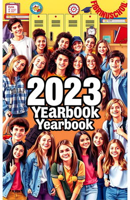 A vibrant and nostalgic yearbook cover design featuring a diverse group of high school students in various candid poses, showcasing their unique personalities and interests