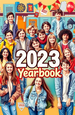 A vibrant and nostalgic yearbook cover design featuring a diverse group of high school students in various candid poses, showcasing their unique personalities and interests