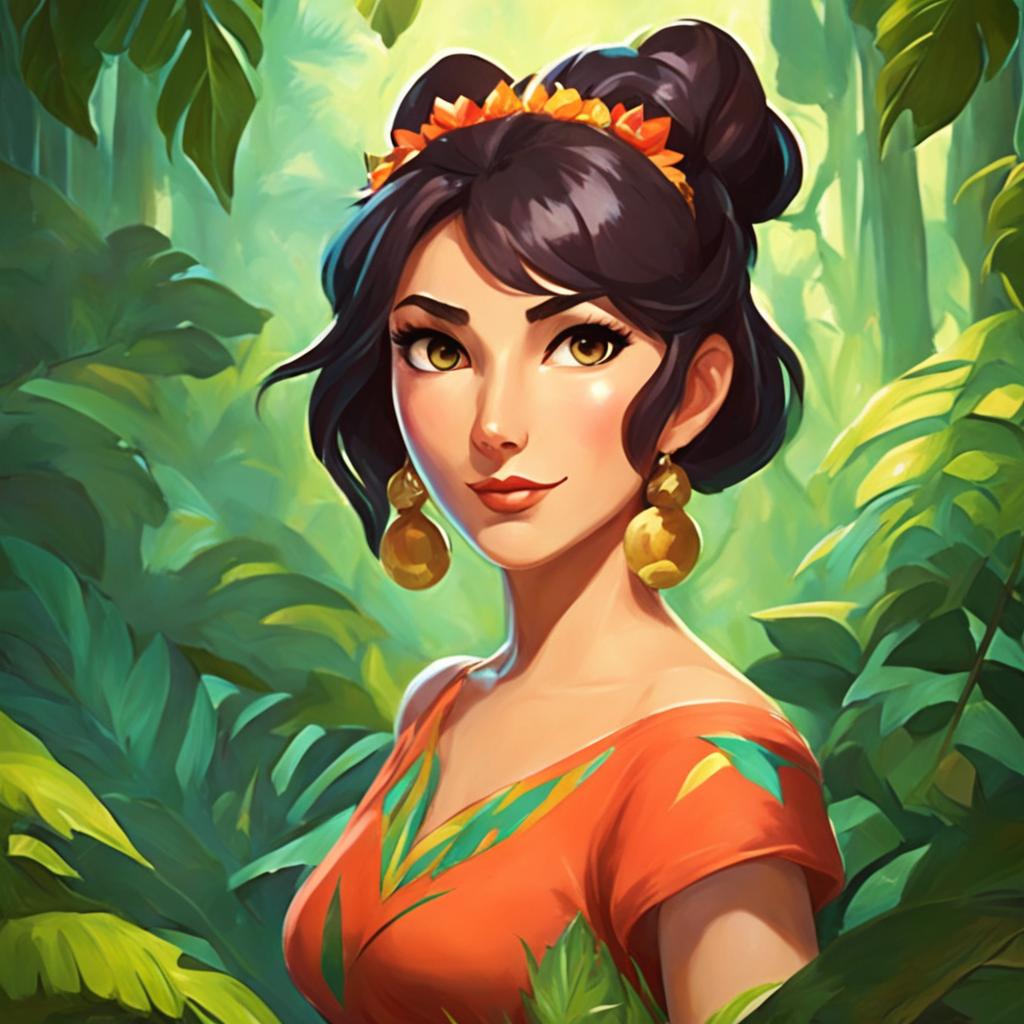 Retro Studio Ghibli style portrait of Nidalee from League of Legends in a vibrant jungle setting.