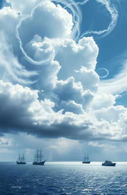 An ethereal landscape depicting powerful scattering winds moving through the sky, swirling around fluffy clouds