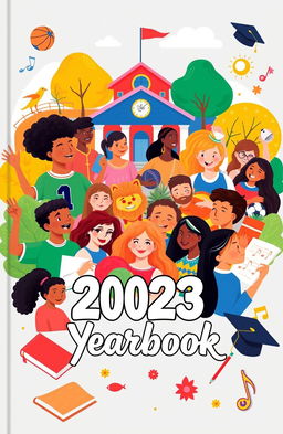 A creative and vibrant yearbook cover design featuring a collage of diverse students engaged in various school activities like sports, art, and music