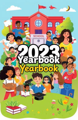 A creative and vibrant yearbook cover design featuring a collage of diverse students engaged in various school activities like sports, art, and music