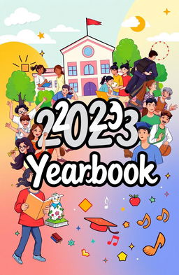 A creative and vibrant yearbook cover design featuring a collage of diverse students engaged in various school activities like sports, art, and music