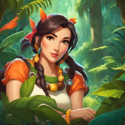 Retro Studio Ghibli style portrait of Nidalee from League of Legends in a vibrant jungle setting.