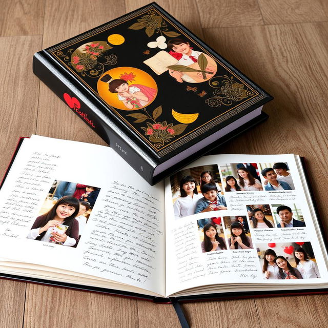 A beautiful yearbook design featuring an elegant hardcover with a glossy finish, decorated with vibrant colors and artistic illustrations