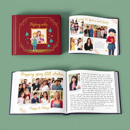A beautiful yearbook design featuring an elegant hardcover with a glossy finish, decorated with vibrant colors and artistic illustrations