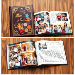 A beautiful yearbook design featuring an elegant hardcover with a glossy finish, decorated with vibrant colors and artistic illustrations