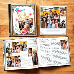 A beautiful yearbook design featuring an elegant hardcover with a glossy finish, decorated with vibrant colors and artistic illustrations