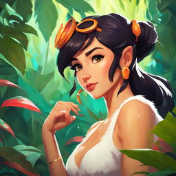 Retro Studio Ghibli style portrait of Nidalee from League of Legends in a vibrant jungle setting.