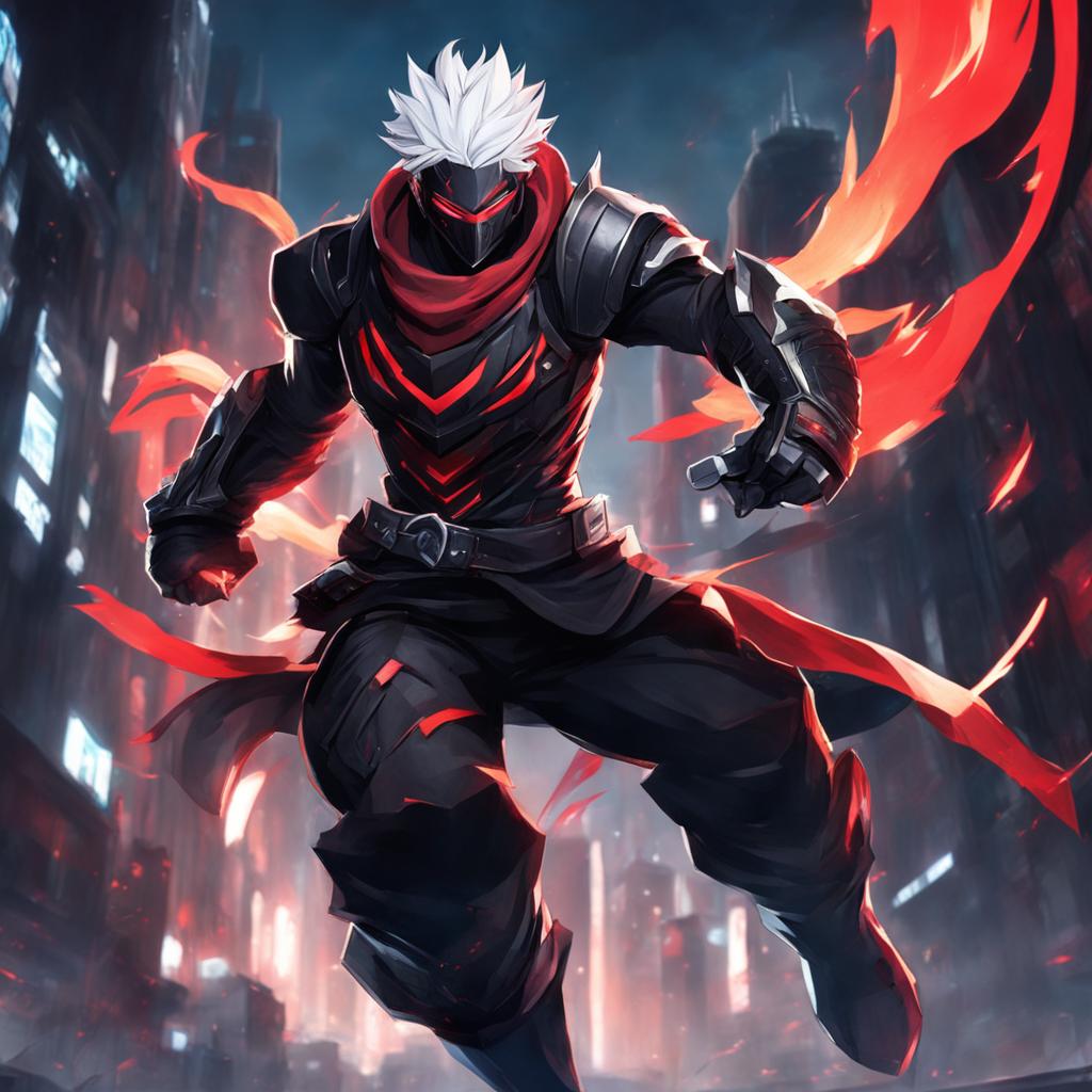 Zed from League of Legends in a dynamic pose, clad in black armor with glowing red accents, set against a dark cityscape in the style of Jujutsu Kaisen