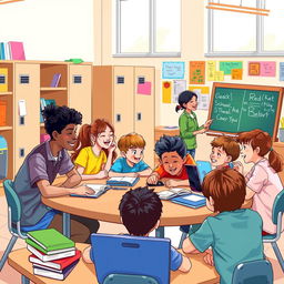 a vibrant school scene illustrating students engaged in various activities