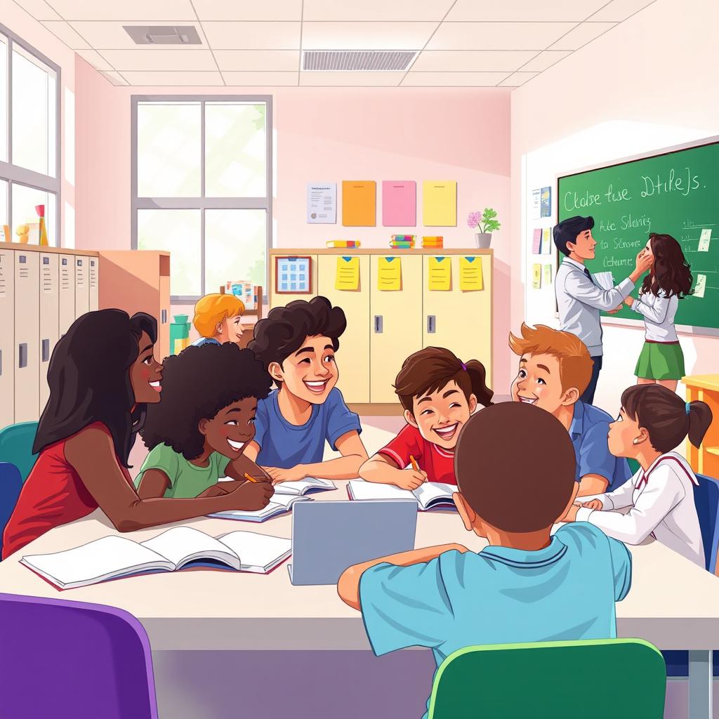 a vibrant school scene illustrating students engaged in various activities