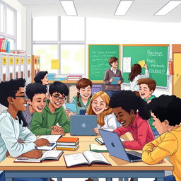 a vibrant school scene illustrating students engaged in various activities
