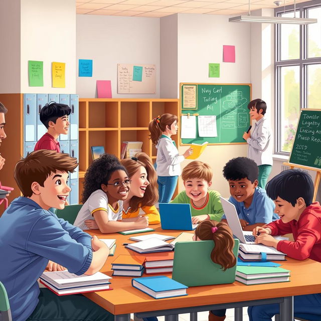 a vibrant school scene illustrating students engaged in various activities