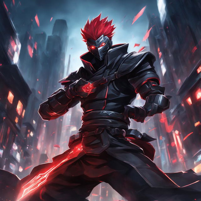 Zed from League of Legends in a dynamic pose, clad in black armor with glowing red accents, set against a dark cityscape in the style of Jujutsu Kaisen