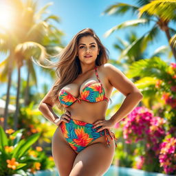 A curvy, attractive woman with big breasts confidently posing in a stunning, vibrant tropical setting