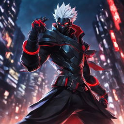 Zed from League of Legends in a dynamic pose, clad in black armor with glowing red accents, set against a dark cityscape in the style of Jujutsu Kaisen