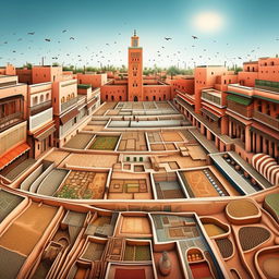 Generate an intricate, cartoon depiction of Marrakesh, Morocco, showcasing its unique elements like the bustling Jemaa el-Fnaa square and the ornate Bahia Palace.