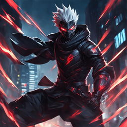 Zed from League of Legends in a dynamic pose, clad in black armor with glowing red accents, set against a dark cityscape in the style of Jujutsu Kaisen