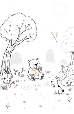 A charming black and white illustration designed for children's books, featuring whimsical characters such as a friendly bear reading a book under a tree, playful rabbits playing hopscotch, and a curious cat peeking out from behind a bush
