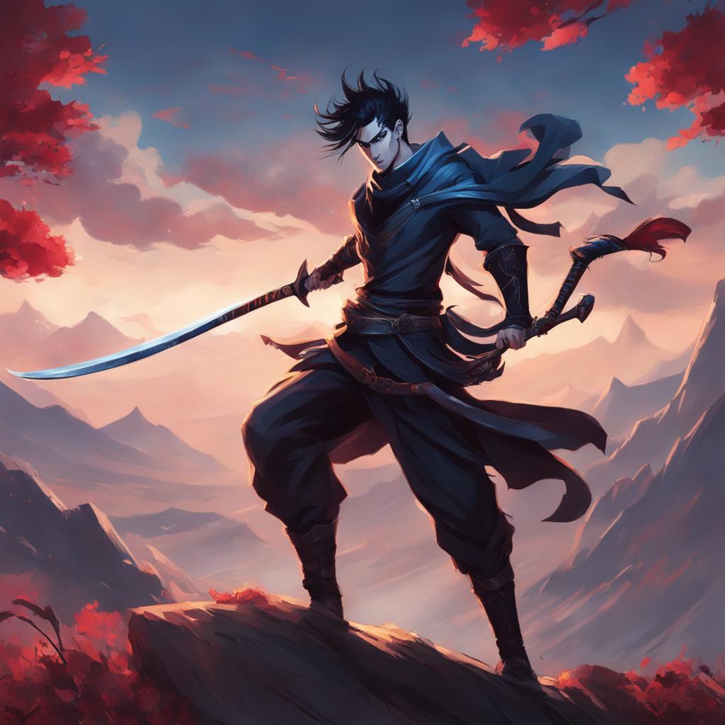 Kayn from League of Legends in a dynamic pose, wielding his scythe, set against a mystical landscape in the style of Jujutsu Kaisen