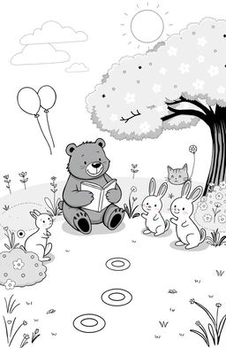 A charming black and white illustration designed for children's books, featuring whimsical characters such as a friendly bear reading a book under a tree, playful rabbits playing hopscotch, and a curious cat peeking out from behind a bush