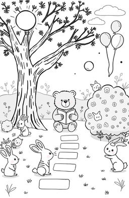A charming black and white illustration designed for children's books, featuring whimsical characters such as a friendly bear reading a book under a tree, playful rabbits playing hopscotch, and a curious cat peeking out from behind a bush