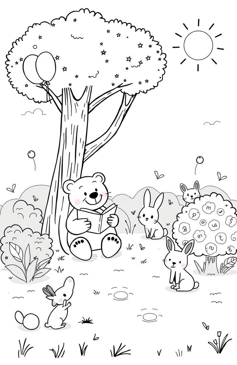 A charming black and white illustration designed for children's books, featuring whimsical characters such as a friendly bear reading a book under a tree, playful rabbits playing hopscotch, and a curious cat peeking out from behind a bush