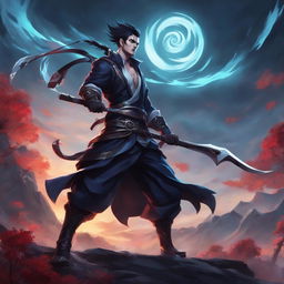 Kayn from League of Legends in a dynamic pose, wielding his scythe, set against a mystical landscape in the style of Jujutsu Kaisen