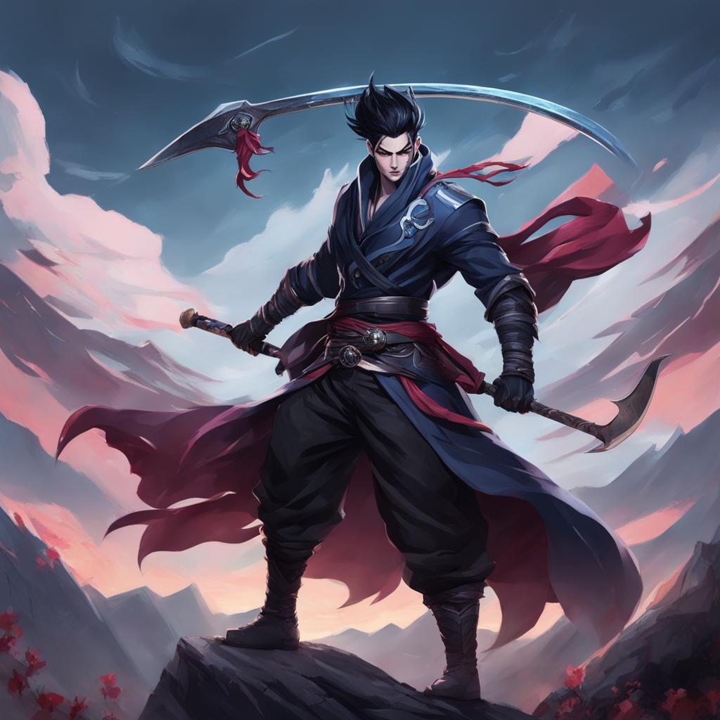 Kayn from League of Legends in a dynamic pose, wielding his scythe, set against a mystical landscape in the style of Jujutsu Kaisen