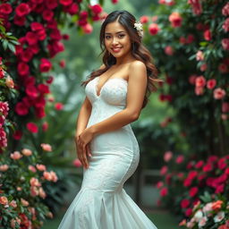 A stunningly beautiful woman with a curvaceous yet slim figure, of Indonesian-European descent, elegantly dressed in a seductive wedding gown that beautifully accentuates her curves