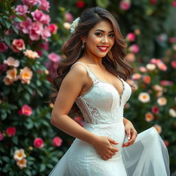A stunningly beautiful woman with a curvaceous yet slim figure, of Indonesian-European descent, elegantly dressed in a seductive wedding gown that beautifully accentuates her curves