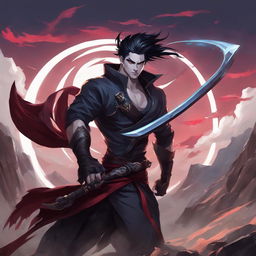 Kayn from League of Legends in a dynamic pose, wielding his scythe, set against a mystical landscape in the style of Jujutsu Kaisen