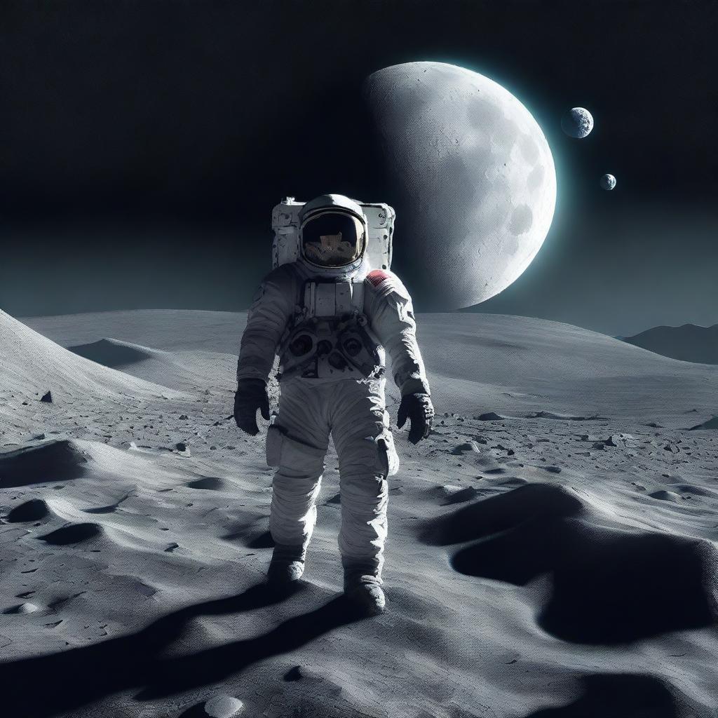 An astronaut walking on the lunar surface, gripping a AK47 in their hand, surrounded by stark moon landscapes.