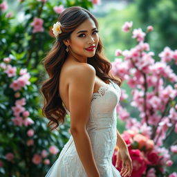 A stunningly beautiful woman with a curvaceous yet slim figure, of Indonesian-European descent, elegantly dressed in a sexy wedding gown that artfully accentuates her features