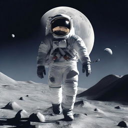 An astronaut walking on the lunar surface, gripping a AK47 in their hand, surrounded by stark moon landscapes.