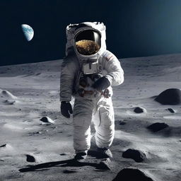 An astronaut walking on the lunar surface, gripping a AK47 in their hand, surrounded by stark moon landscapes.