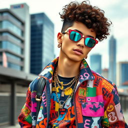 A stylish young man dressed in a vibrant pop fashion, featuring colorful and trendy clothing that showcases a mix of patterns and textures