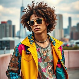 A stylish young man dressed in a vibrant pop fashion, featuring colorful and trendy clothing that showcases a mix of patterns and textures