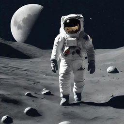 An astronaut walking on the lunar surface, gripping a AK47 in their hand, surrounded by stark moon landscapes.